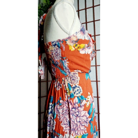 Band of Gypsies Ruffle V-Neck Faux Wrap Maxi Dress - Burnt Orange/Blue-Multi - Picture 11 of 16